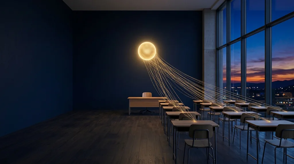 An empty classroom at dusk with a glowing AIB core linked to every desk