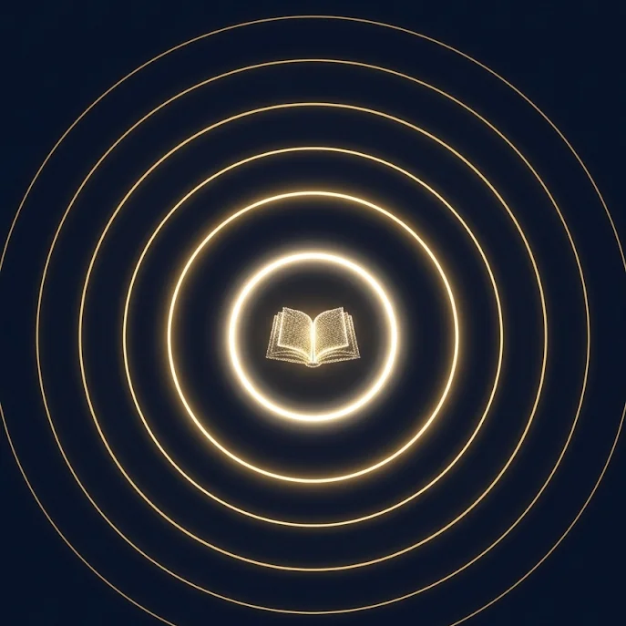 Seven glowing rings of AIB.core around an open book