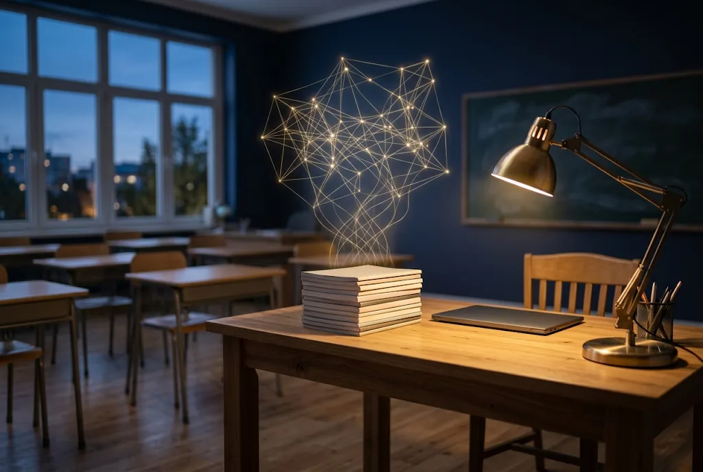 A teacher's desk at dusk with a glowing network rising from the exercise books